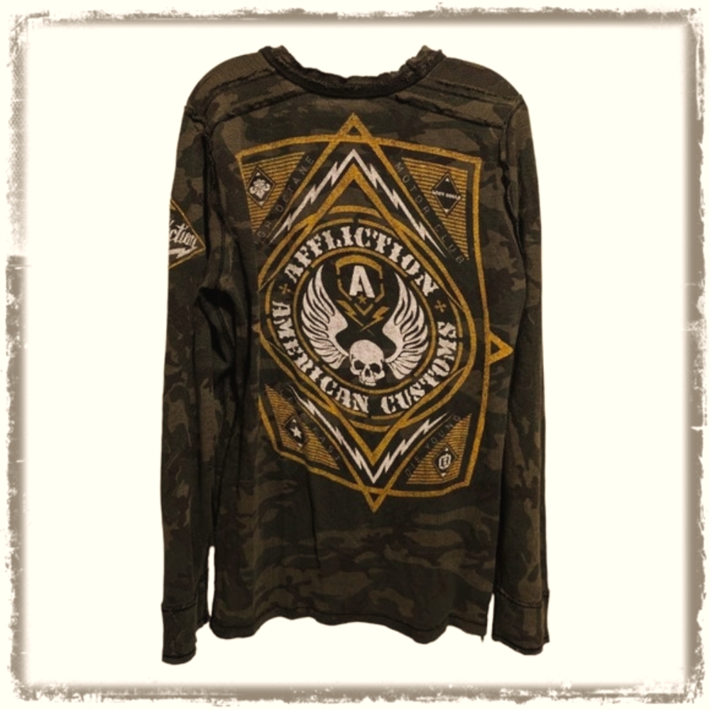 AFFLICTION American Customs Black Camo Seek & Destroy Thermal Shirt Men's Large